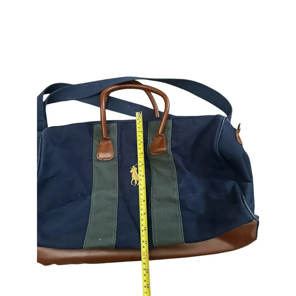 Polo Ralph Lauren Green Blue Duffle Travel Bag Canvas Weekender Pony